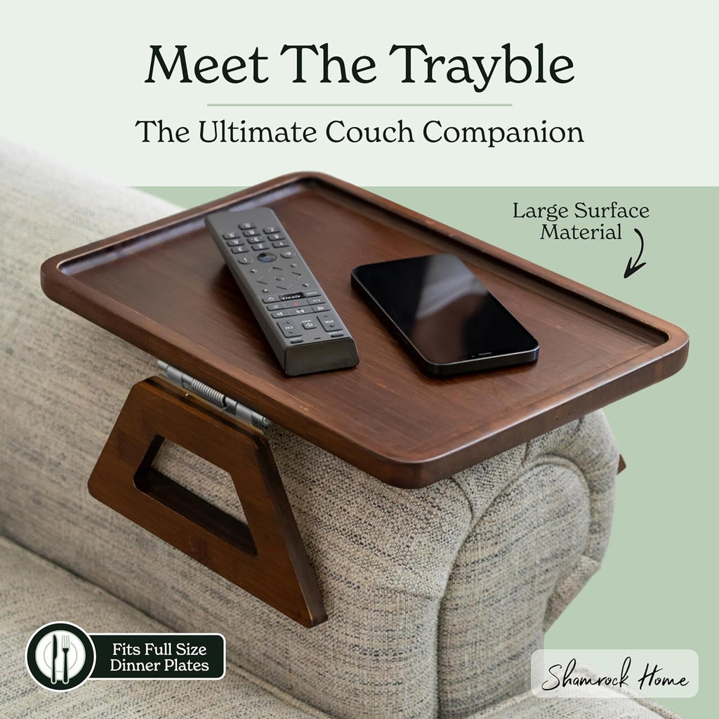 Bamboo Trayble Couch Arm Table, Clip on Tray Sofa Table for Couches. Sofa Arm Tray, Armchair Table for TV Dinners, Remotes, Drinks and Snacks - 13.75 X 9.5Inch, Brown | Clip on Tray, Sofa Table, Sofa Arm Tray, Armchair Table, TV Dinners, Remotes