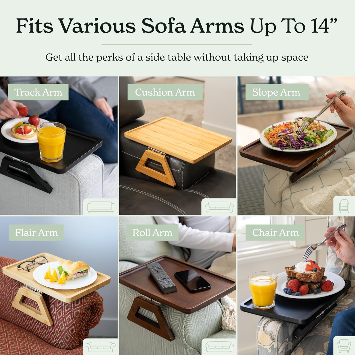 Bamboo Trayble Couch Arm Table, Clip on Tray Sofa Table for Couches. Sofa Arm Tray, Armchair Table for TV Dinners, Remotes, Drinks and Snacks - 13.75 X 9.5Inch, Brown | Clip on Tray, Sofa Table, Sofa Arm Tray, Armchair Table, TV Dinners, Remotes