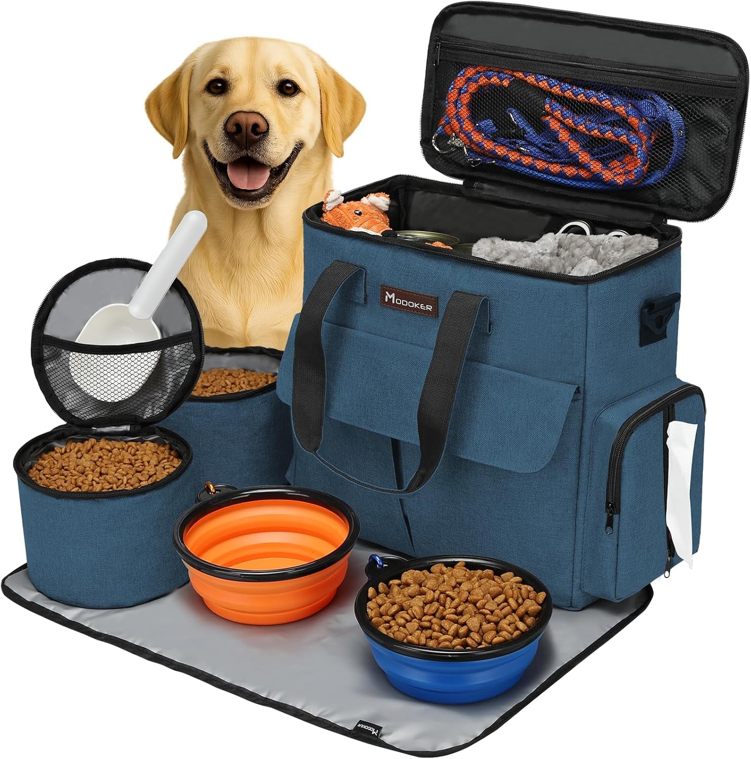 Dog Travel Bag Dog Travel Kit for a Weekend Away Set Includes Pet Travel Bag Organizer for Accessories, 2 Collapsible Dog Bowls, 2 Travel Dog Food Container (Black)
